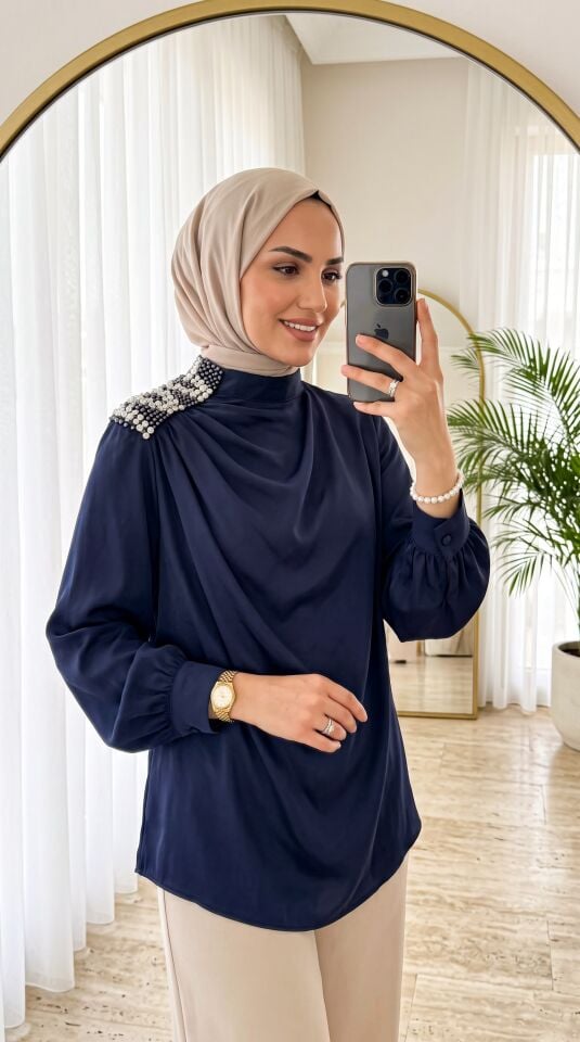 OMZU TAŞLI BLUZ LACİVERT