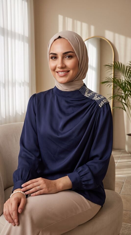 OMZU TAŞLI BLUZ LACİVERT