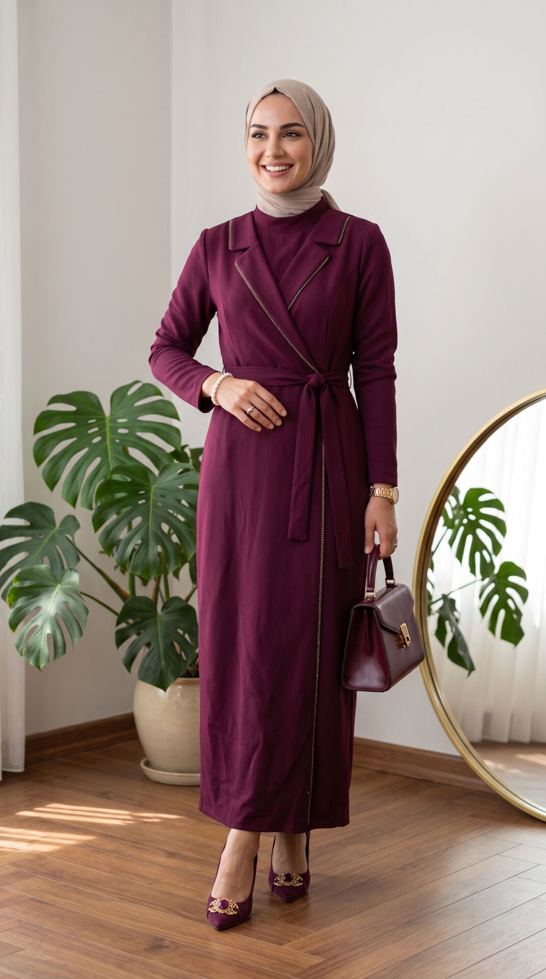 DOUBLE KREP  KUMAŞ ELBİSE BORDO
