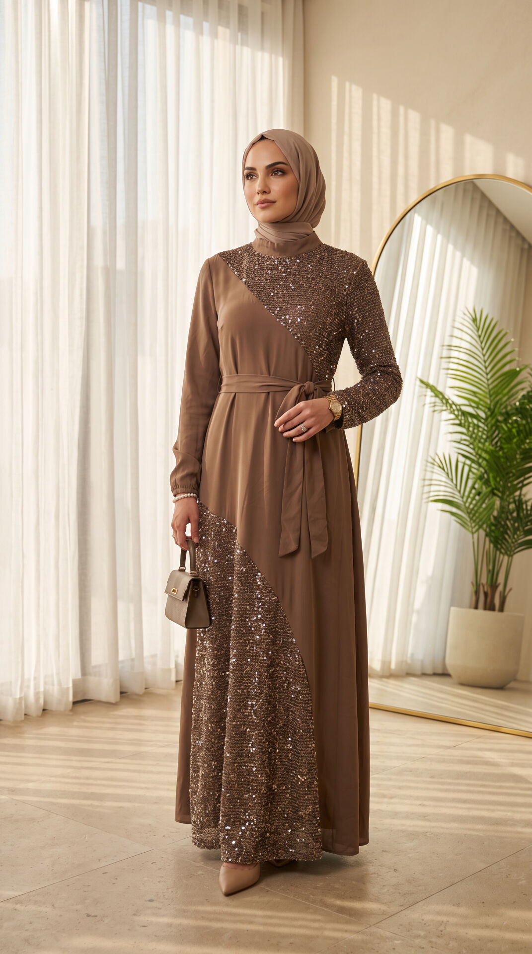 LARA FİLE PAYET  GARNİLİ BAMBU QUPRA ELBİSE VİZON