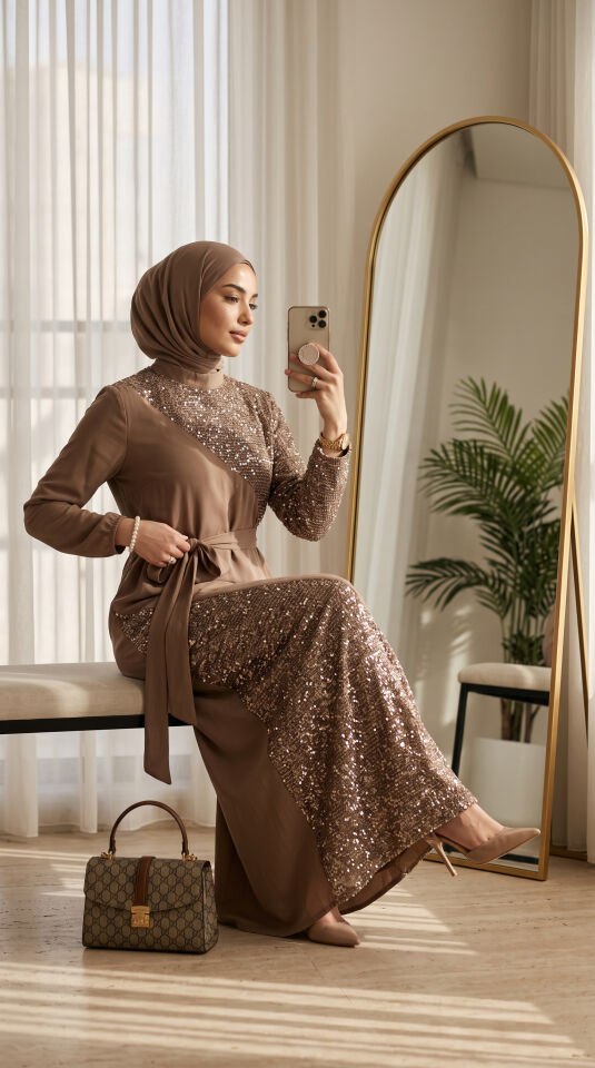 LARA FİLE PAYET  GARNİLİ BAMBU QUPRA ELBİSE VİZON