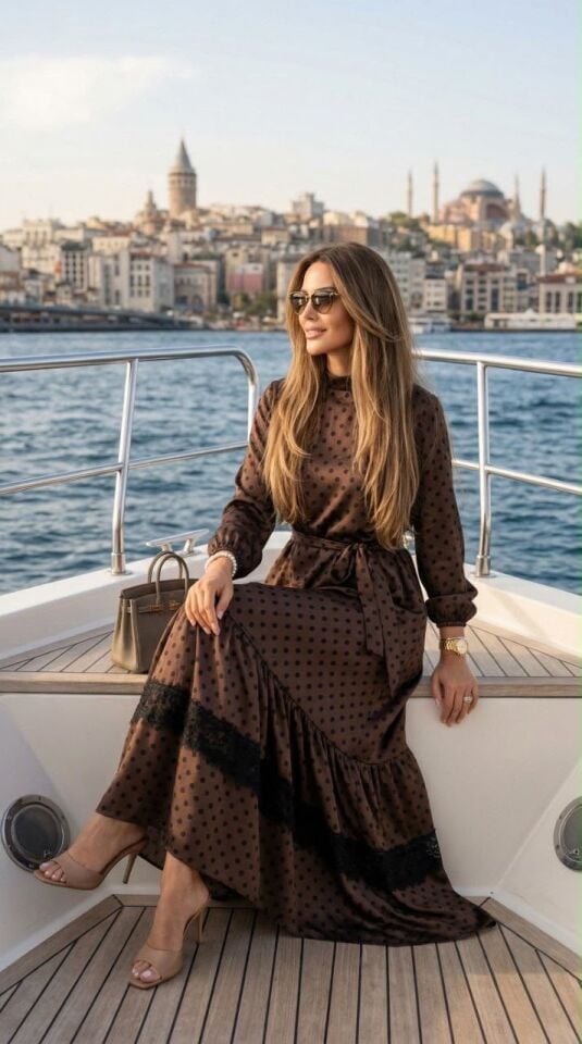 PUANTİYE KREP ŞİFON ELBİSE KAHVE