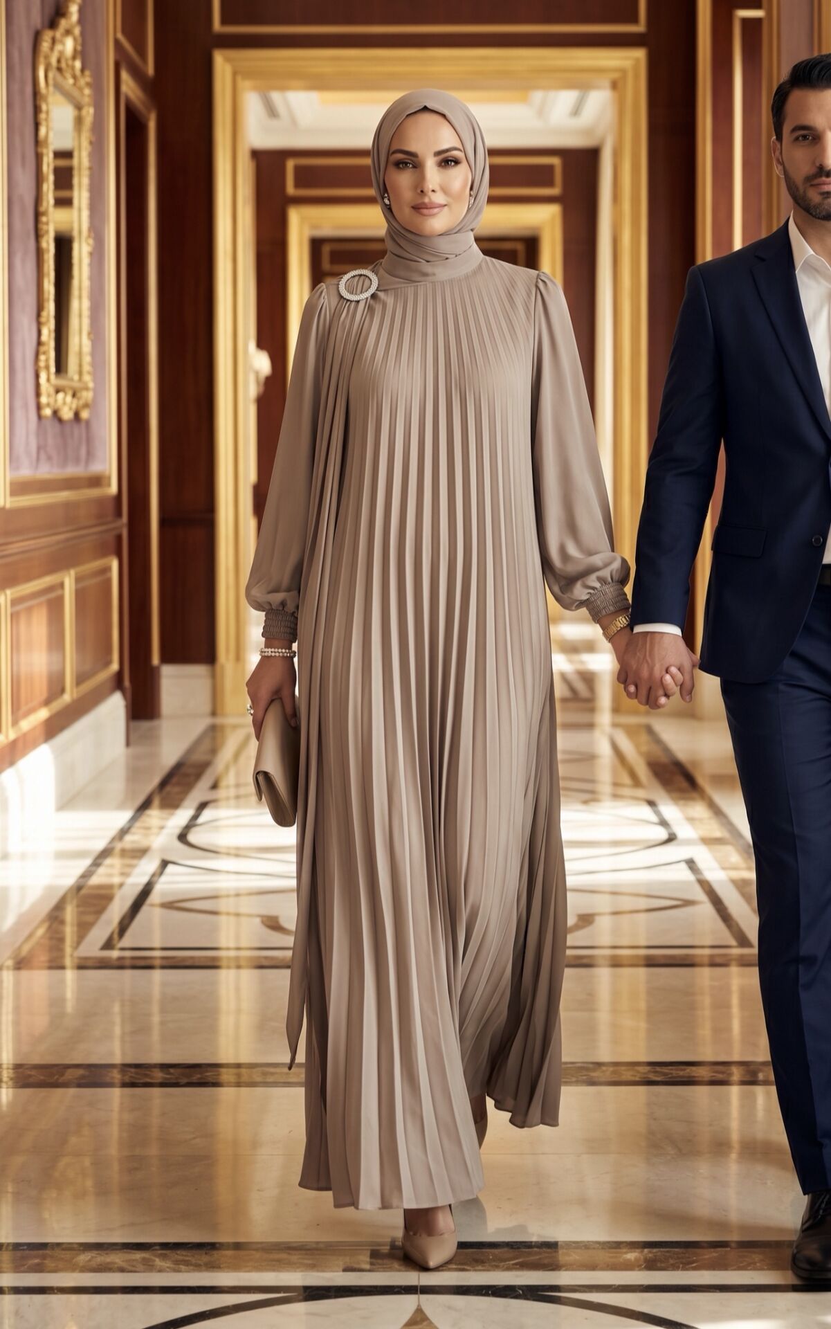 DUBAİ İPEĞİ PLİSE ELBİSE AYBÜKE BEJ