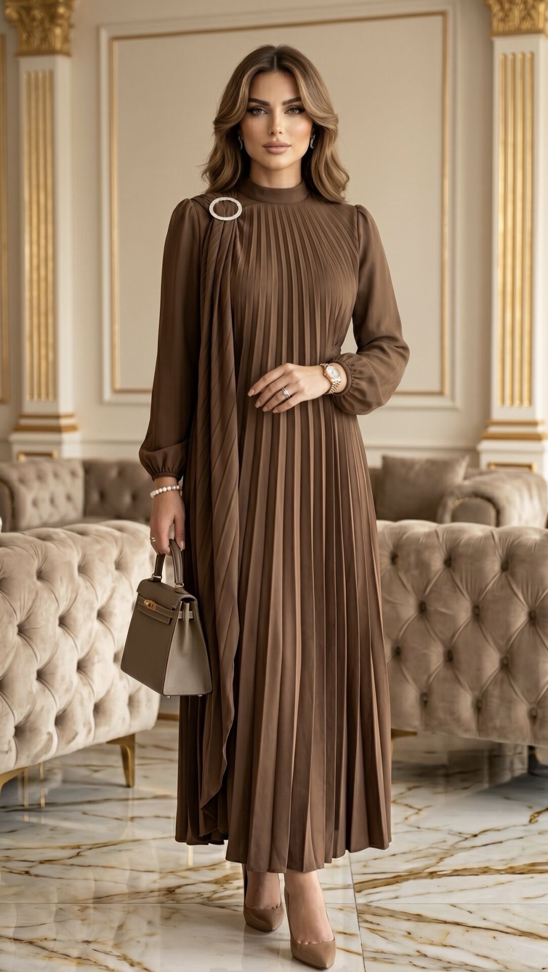 DUBAİ İPEĞİ PLİSE ELBİSE AYBÜKE KAHVE