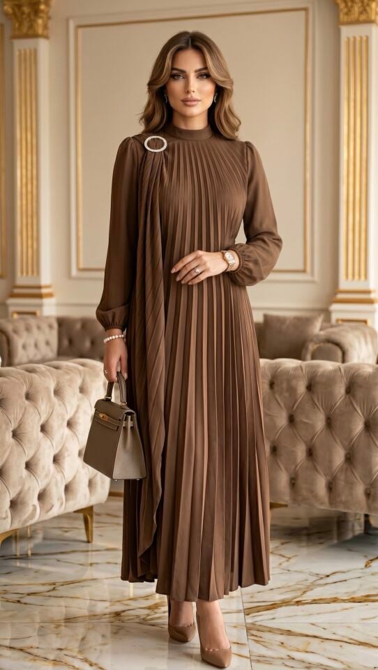 DUBAİ İPEĞİ PLİSE ELBİSE AYBÜKE KAHVE